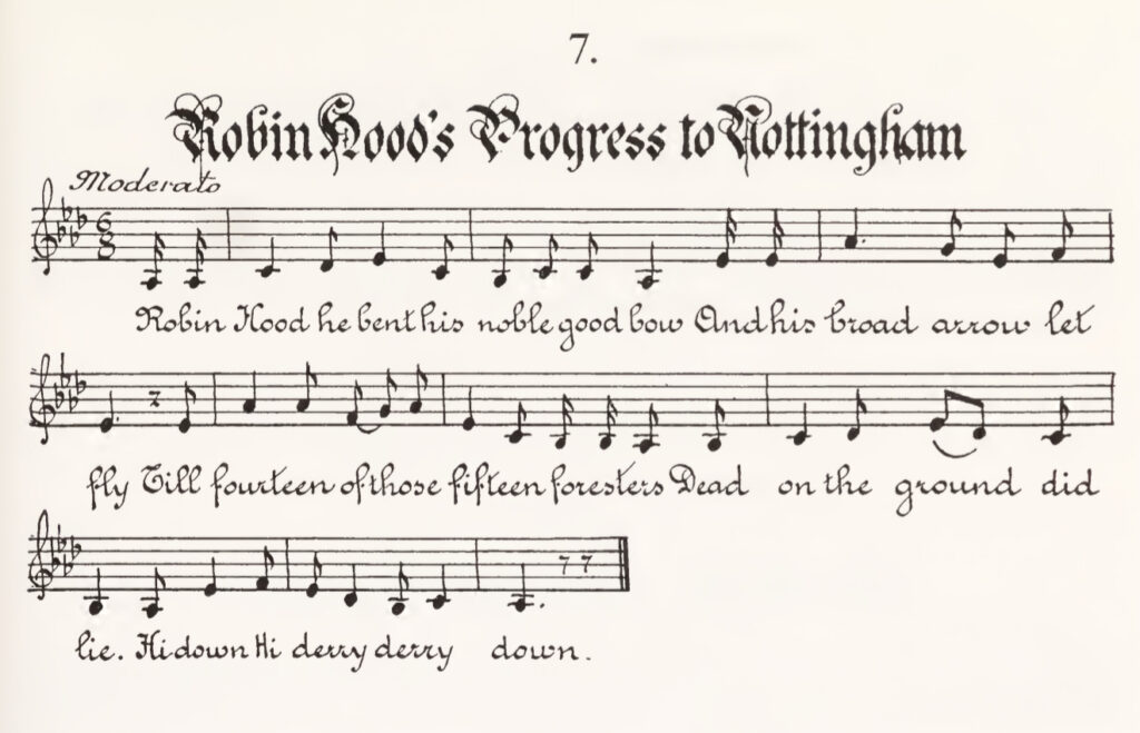 Musical notes and lyrics for the melody and first verse of “Robin Hood’s Progress to Nottingham,” from Helen Creighton, Songs and Ballads from Nova Scotia (1933)