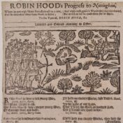 A late-seventeenth century woodcut from “Robin Hood's Progress to Nottingham,” black text against a brown background, and a depiction of people hunting deer in a forest with bow and arrow.