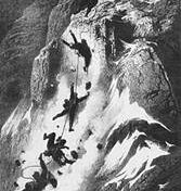 A dark, sketched illustration of mountaineers falling from a steep mountain face. The figures are rendered in deep shadow, their silhouettes stark against the mountain's surface as they plummet downward. The heavy shading creates a dramatic, ominous tone.