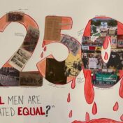 The picture illustrates the number 250 bleeding to resemble the upcoming America 250 celebration. Under this is a caption that reads, "All men are created equal?"