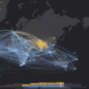 World map with blue and yellow orange lines illustrating historical individuals' travel patterns.