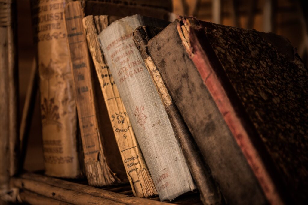 Colour photograph of old hardback books on a shelf.